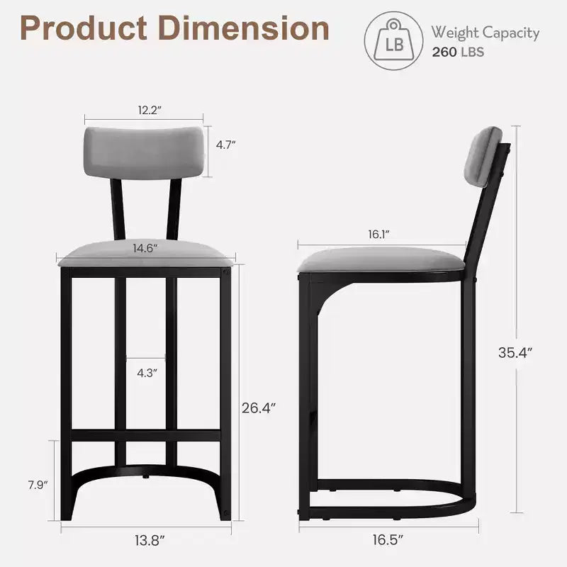 Lot de 2 tabourets de bar à hauteur de comptoir en suède avec dossier - Tabourets rembourrés de style moderne du milieu du siècle avec pieds en métal en forme de U pour îlot de cuisine