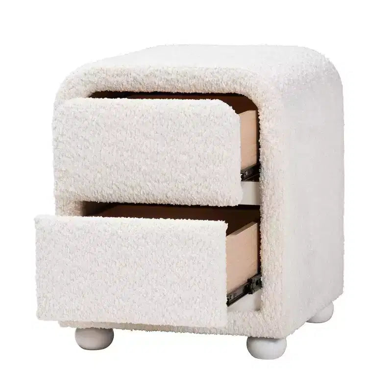 Table de chevet 2 tiroirs en tissu Teddy Bear et Hévéa Blanc : Moderne, Glissières en métal, Finition lisse