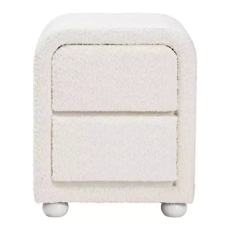 Table de chevet 2 tiroirs en tissu Teddy Bear et Hévéa Blanc : Moderne, Glissières en métal, Finition lisse