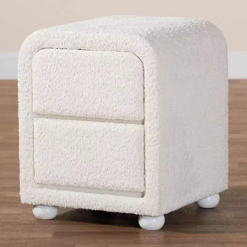 Table de chevet 2 tiroirs en tissu Teddy Bear et Hévéa Blanc : Moderne, Glissières en métal, Finition lisse