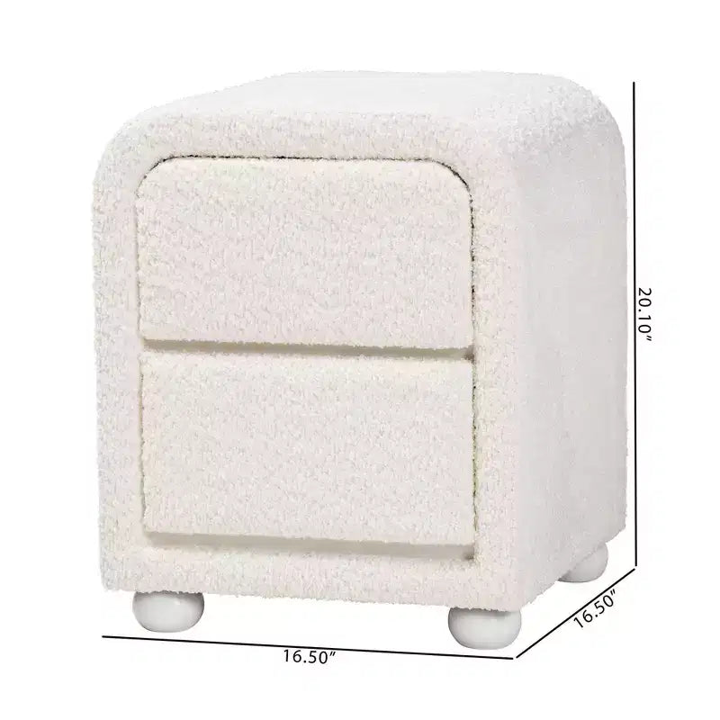 Table de chevet 2 tiroirs en tissu Teddy Bear et Hévéa Blanc : Moderne, Glissières en métal, Finition lisse