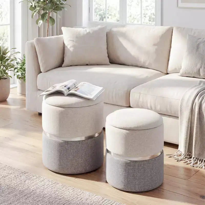 Lot de 2 poufs de rangement ronds modernes en tissu de lin avec rangement pour chambre à coucher