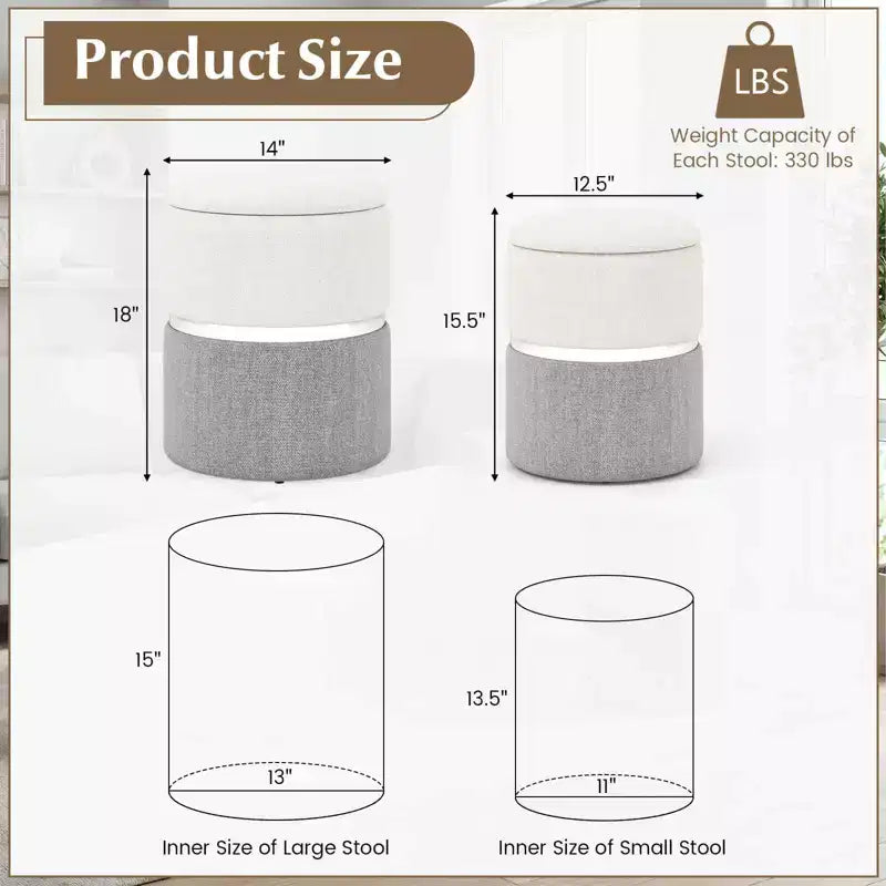 Lot de 2 poufs de rangement ronds modernes en tissu de lin avec rangement pour chambre à coucher