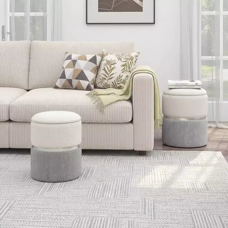 Lot de 2 poufs de rangement ronds modernes en tissu de lin avec rangement pour chambre à coucher