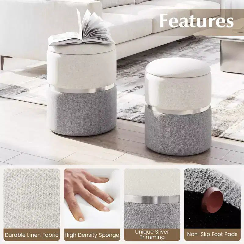 Lot de 2 poufs de rangement ronds modernes en tissu de lin avec rangement pour chambre à coucher