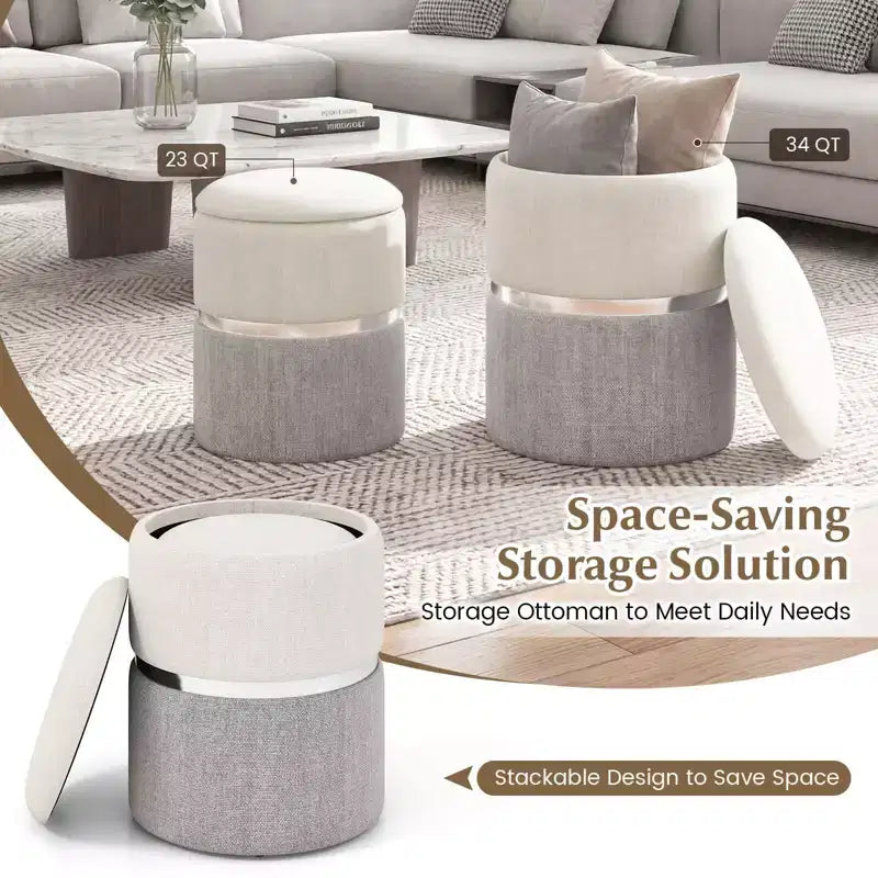 Lot de 2 poufs de rangement ronds modernes en tissu de lin avec rangement pour chambre à coucher