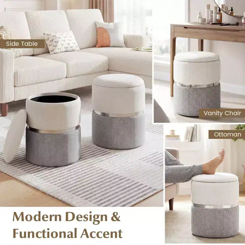Lot de 2 poufs de rangement ronds modernes en tissu de lin avec rangement pour chambre à coucher