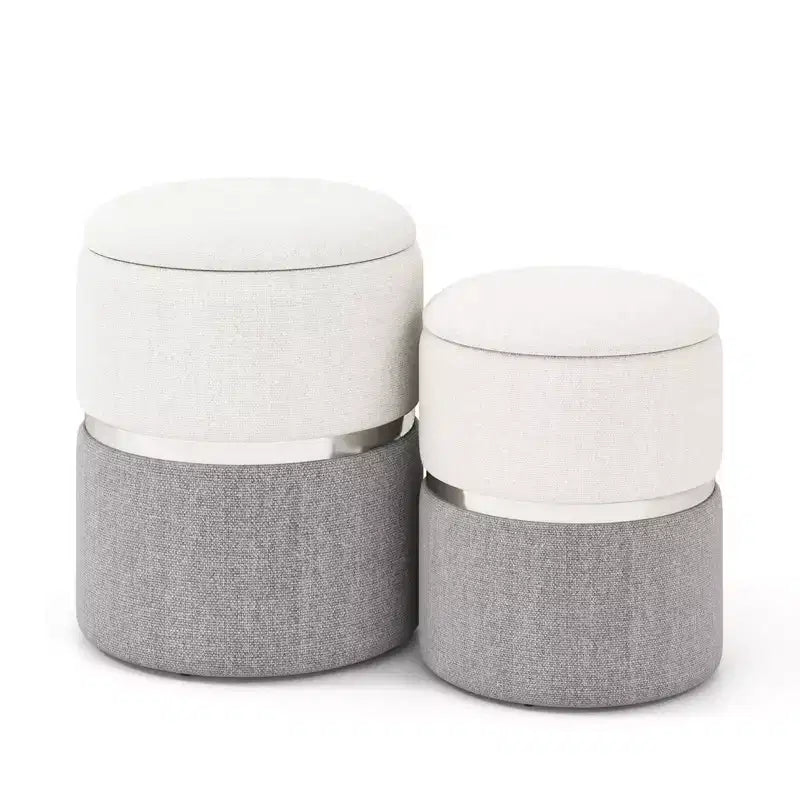 Lot de 2 poufs de rangement ronds modernes en tissu de lin avec rangement pour chambre à coucher