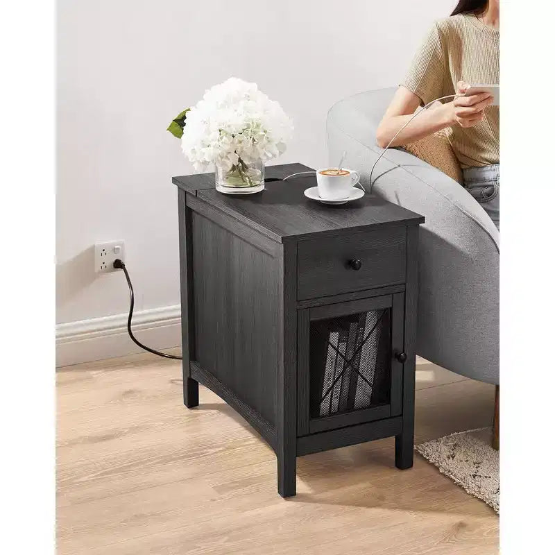 Table d'appoint avec rangement, Table de chevet avec ports USB et prises, Station de charge, Tiroir, Meuble de rangement, Porte-revues