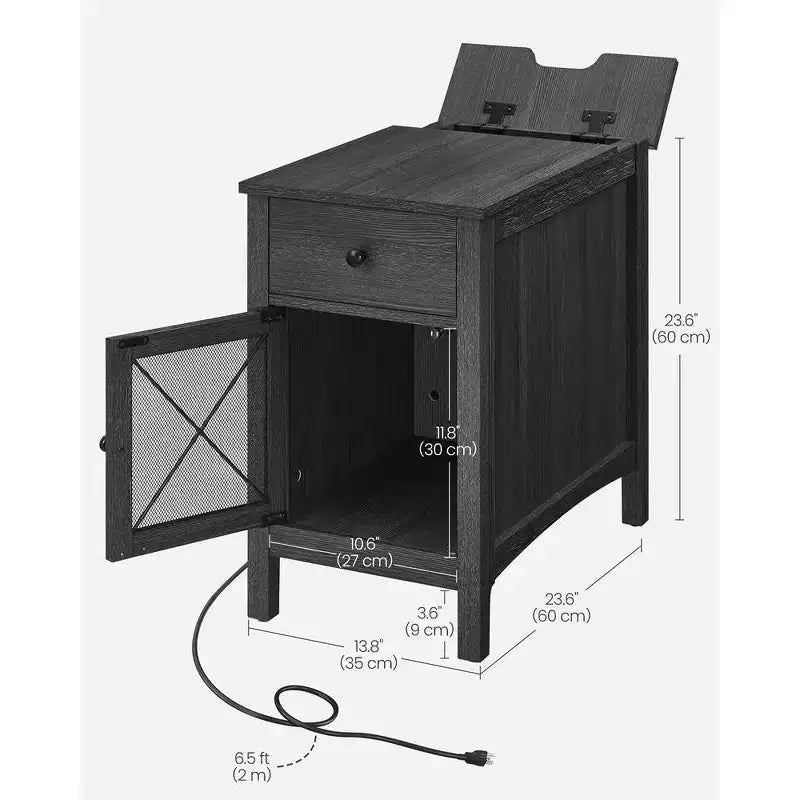Table d'appoint avec rangement, Table de chevet avec ports USB et prises, Station de charge, Tiroir, Meuble de rangement, Porte-revues