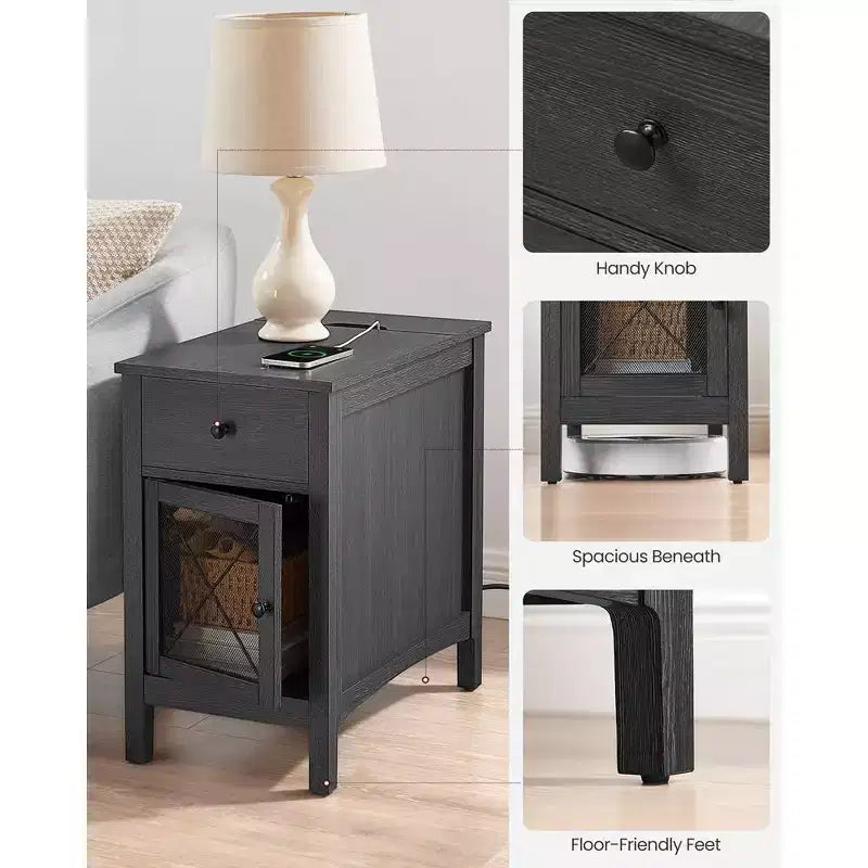 Table d'appoint avec rangement, Table de chevet avec ports USB et prises, Station de charge, Tiroir, Meuble de rangement, Porte-revues
