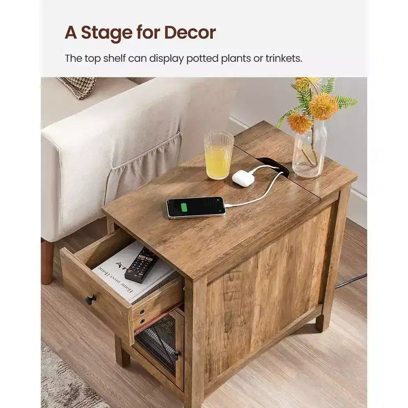 Table d'appoint avec rangement, Table de chevet avec ports USB et prises, Station de charge, Tiroir, Meuble de rangement, Porte-revues